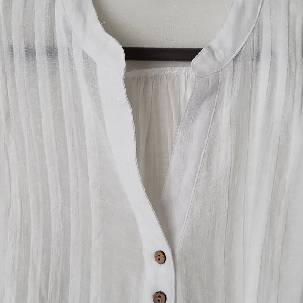 Zac & Rachel White Sheer Gauze Top Blouse Push Up Button Tab Sleeves L - Picture 4 of 8